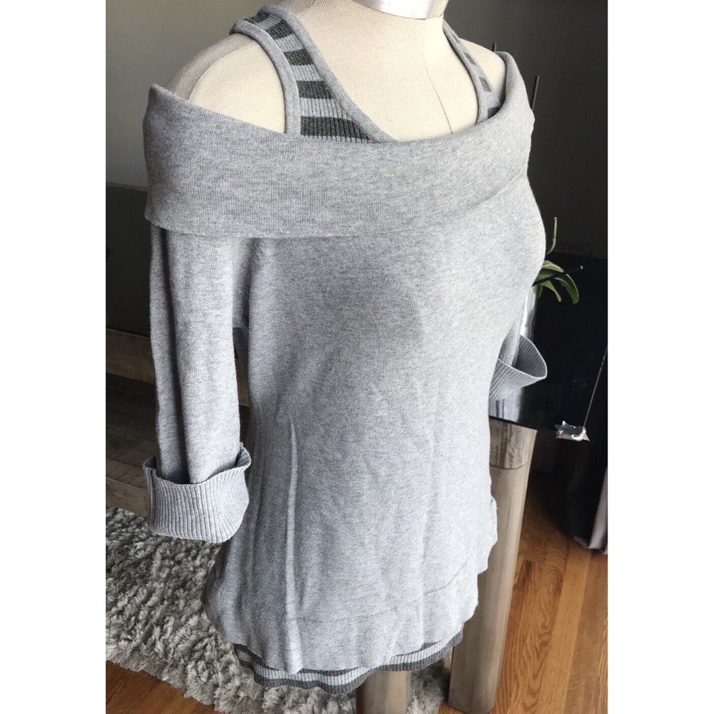 Liv knit off shoulder Sweater Top 1/3 Sleeves Grey S , Built In Tank